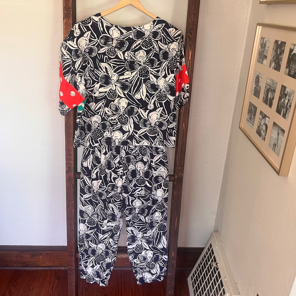 Ken Done Art To Wear Vintage 2 Piece Set Floral Chevron Rayon Pants Top Small - Picture 14 of 16